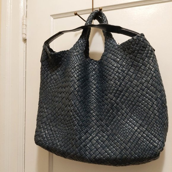 Rare Style Falor Falorini Denim Blue Large Leather Woven Shoulder Strap Tote GUC - Picture 1 of 9